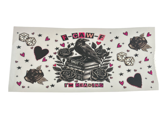 Sticker with literary design elements including a crow, books, roses, and text on a white background.