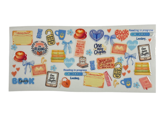 Decorative bookshelf sticker with various elements on a white background