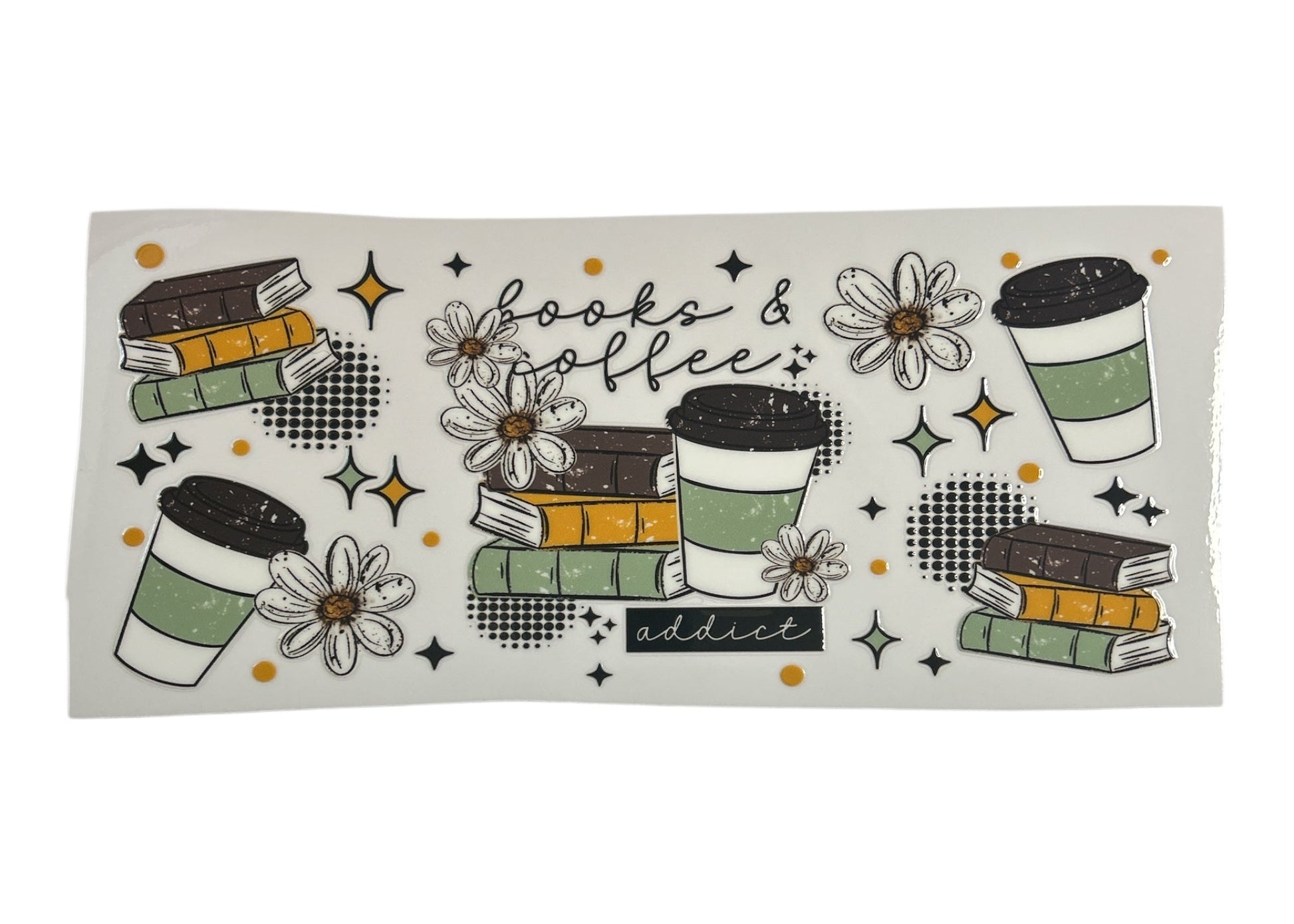 Sticker with books, coffee cups, and flowers on a white background