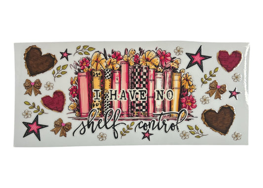 Decorative sticker with colorful design and text 'I have no shelf control' on a white background