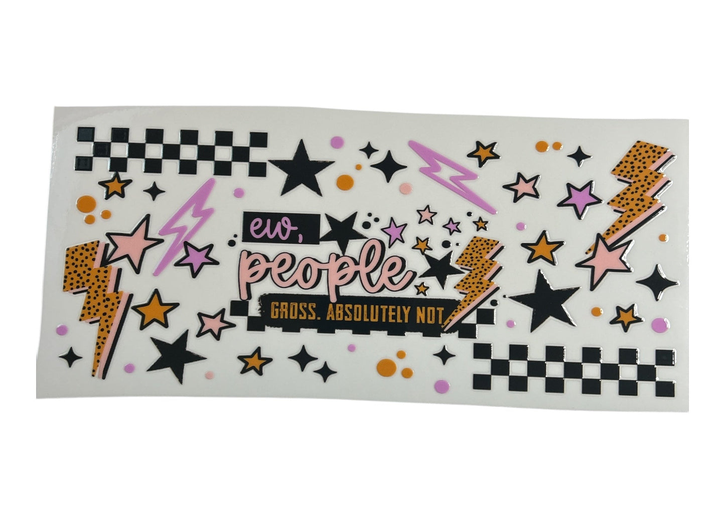Sticker sheet with colorful designs and "Ew people" text on a white background