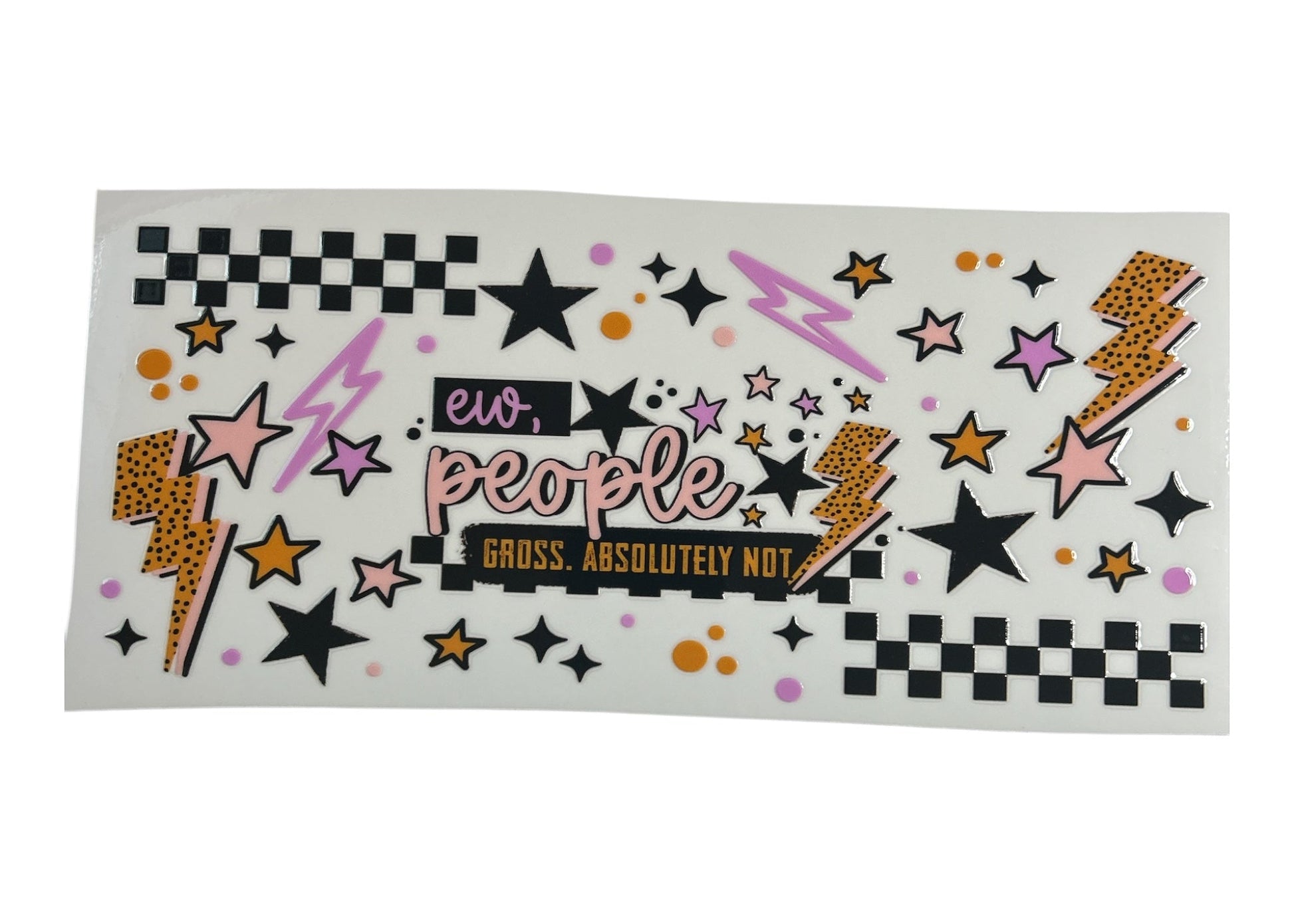 Sticker sheet with colorful designs and "Ew people" text on a white background