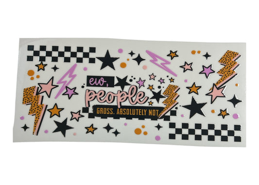 Sticker sheet with colorful designs and "Ew people" text on a white background