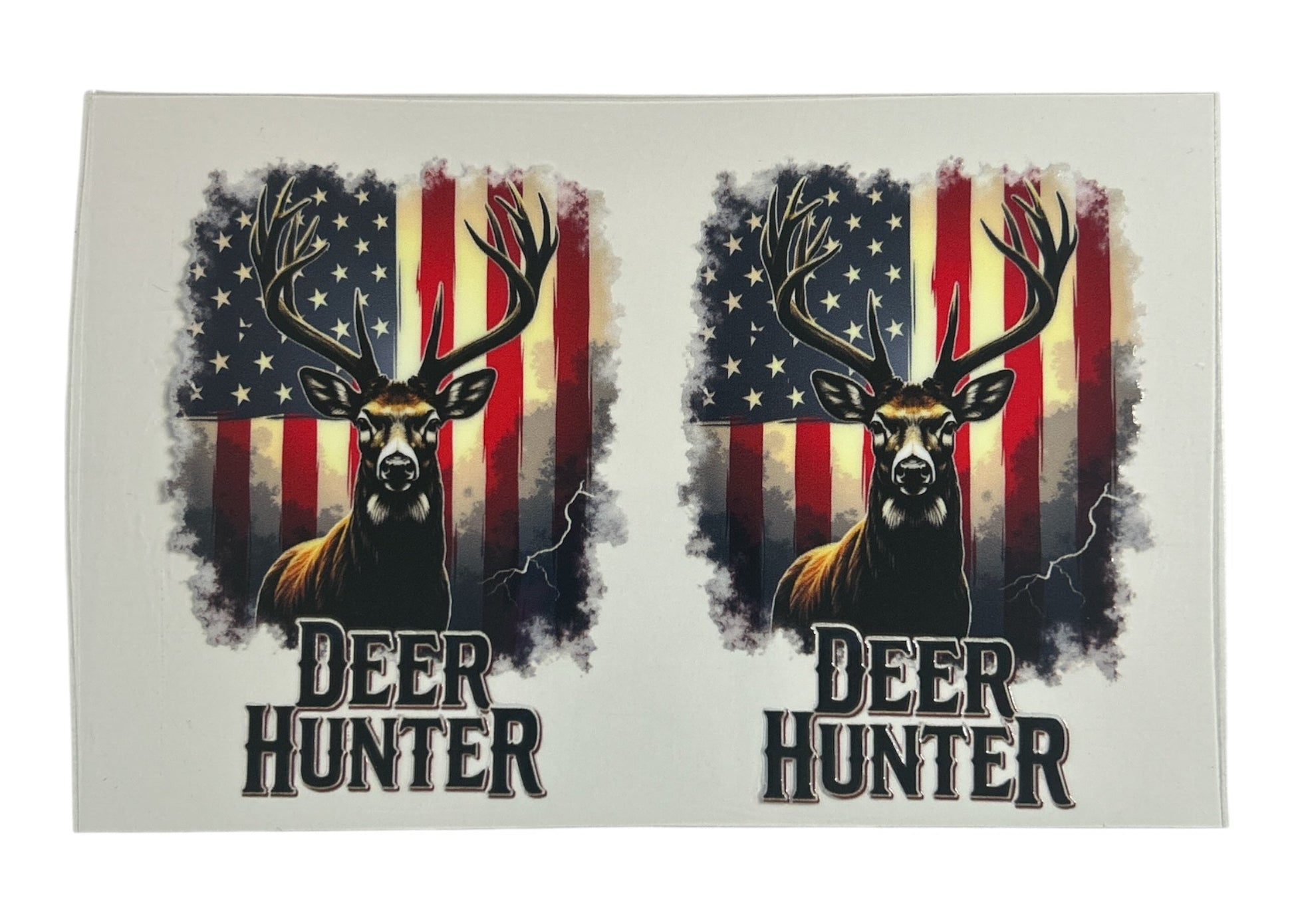 Two 'Deer Hunter' stickers with American flag design on a white background
