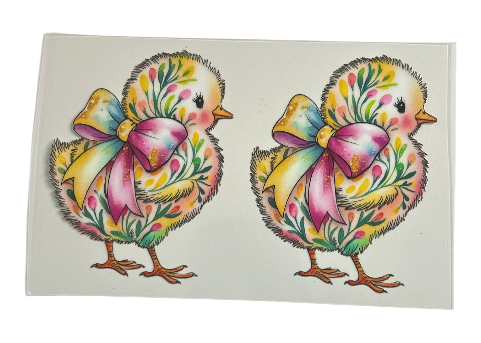 Two colorful chick illustrations with floral bows on a white background