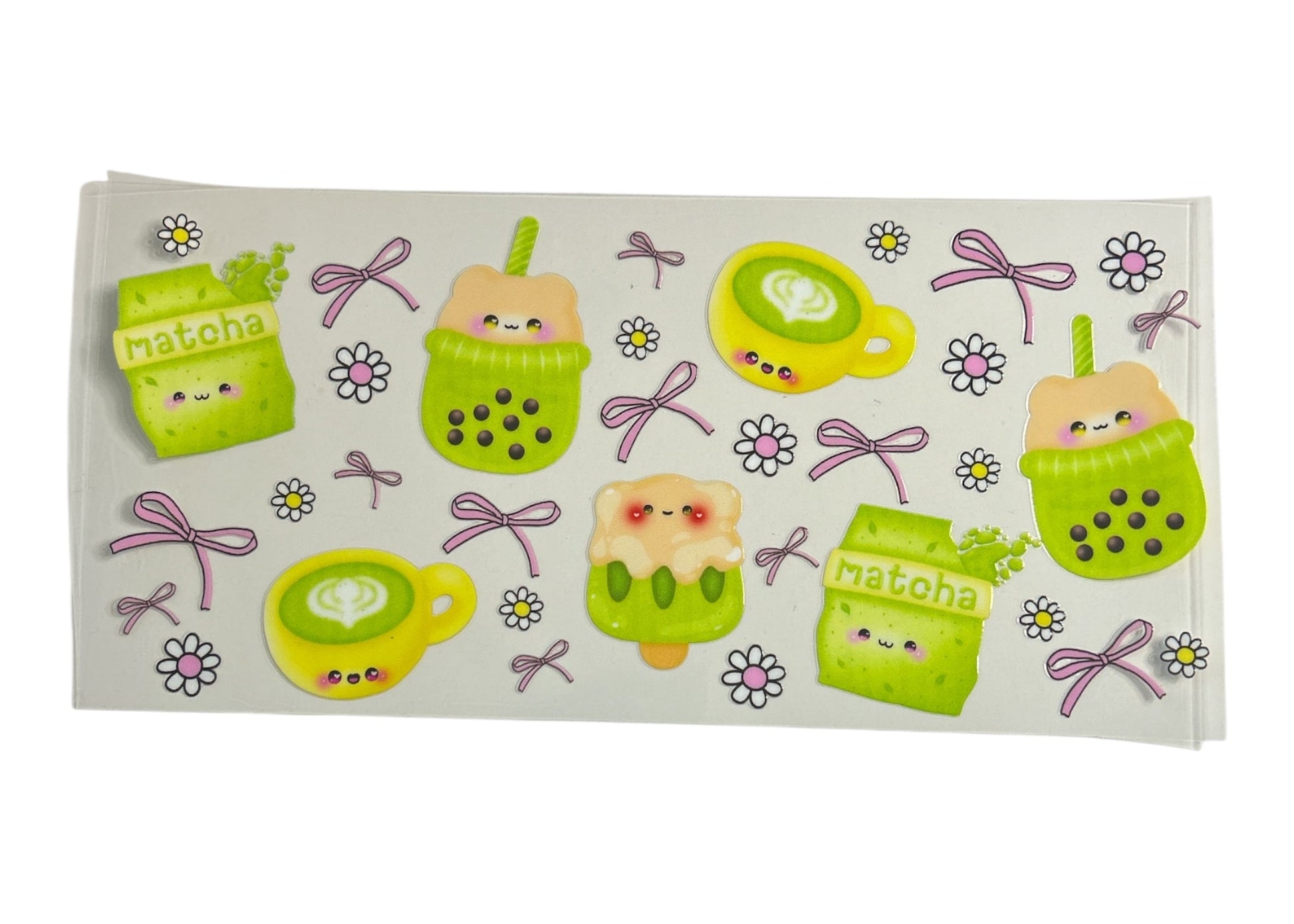 Sticker sheet with cute matcha-themed illustrations on a white background