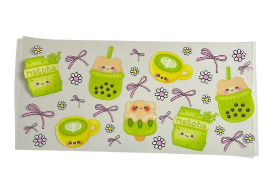Sticker sheet with cute matcha-themed illustrations on a white background