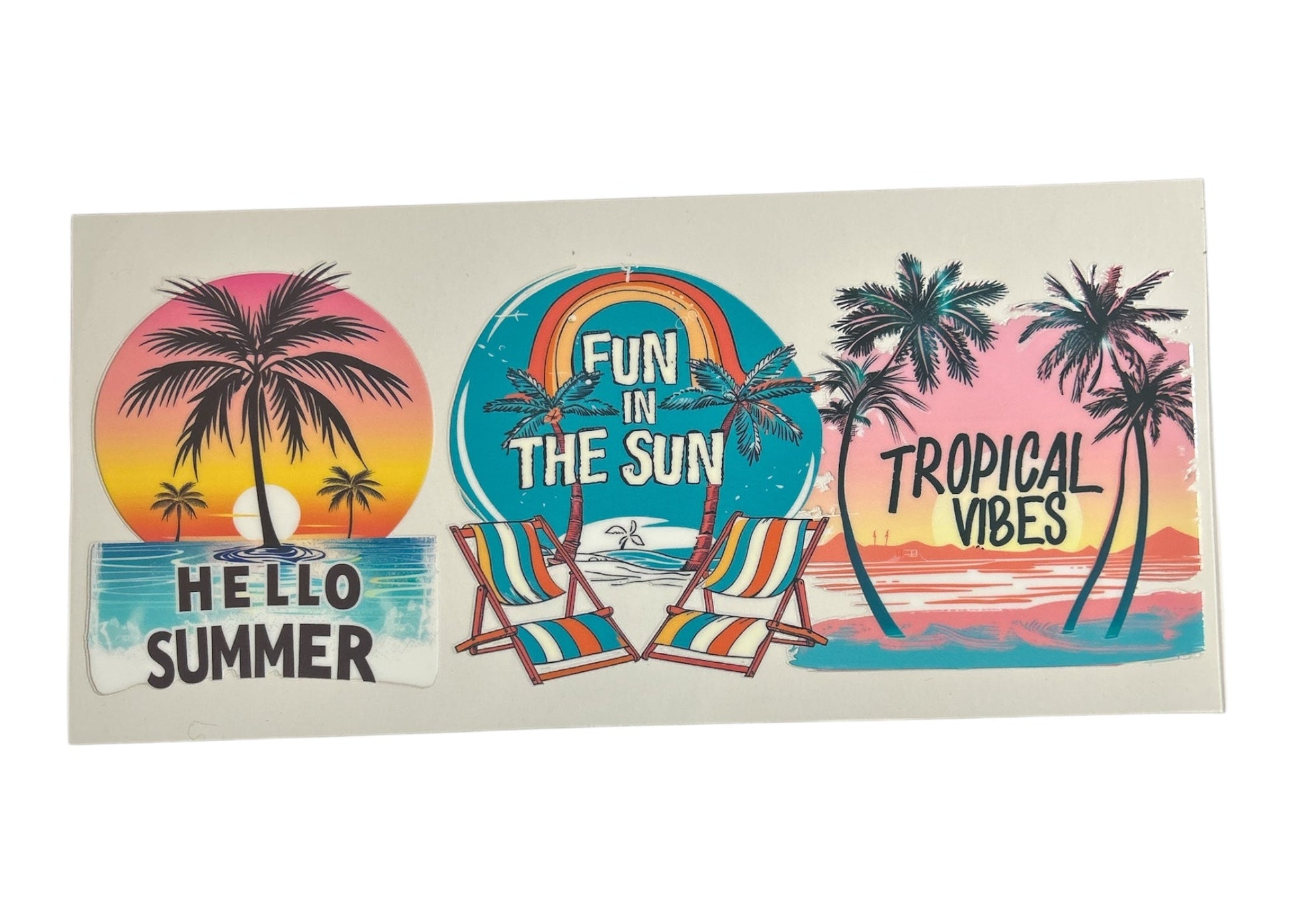 Colorful beach-themed cup wrap with palm trees, lounge chairs, and text on a white background