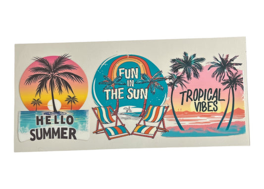 Colorful beach-themed cup wrap with palm trees, lounge chairs, and text on a white background