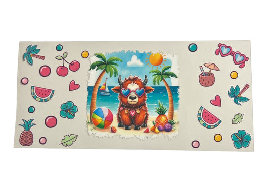 Colorful sticker sheet with a cartoon cow, palm trees, and beach elements on a clear background.