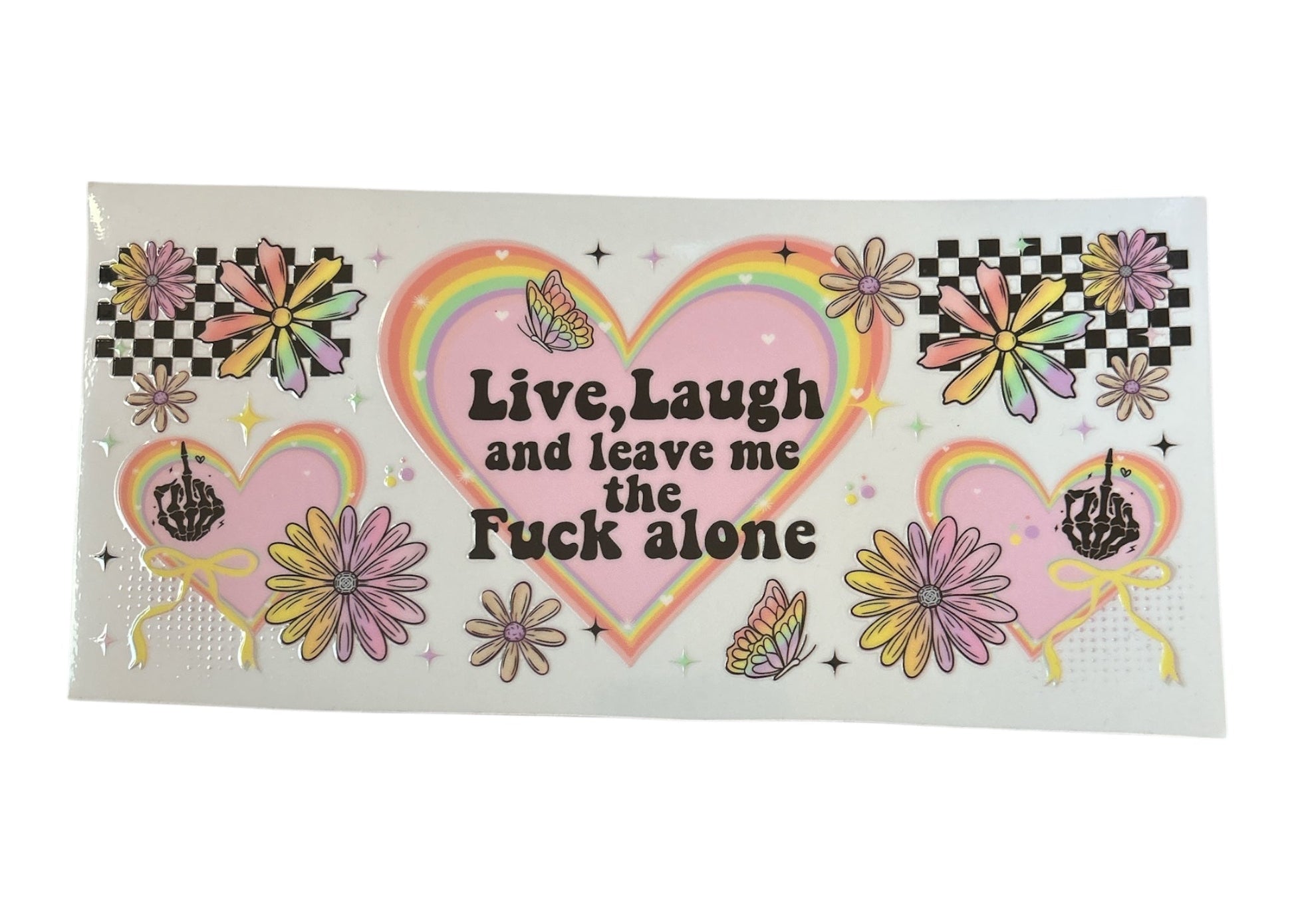 Decorative sticker with hearts, flowers, and text on a white background
