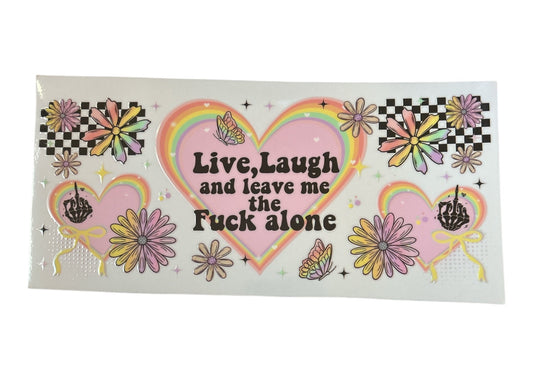 Decorative sticker with hearts, flowers, and text on a white background
