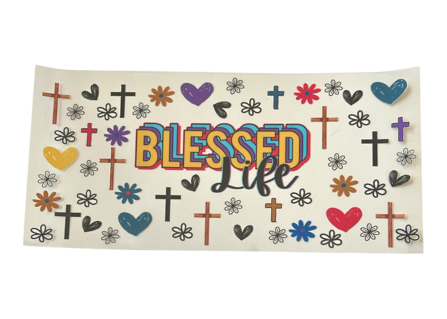 Decorative cup wrap with 'Blessed Life' text and various symbols on a white background