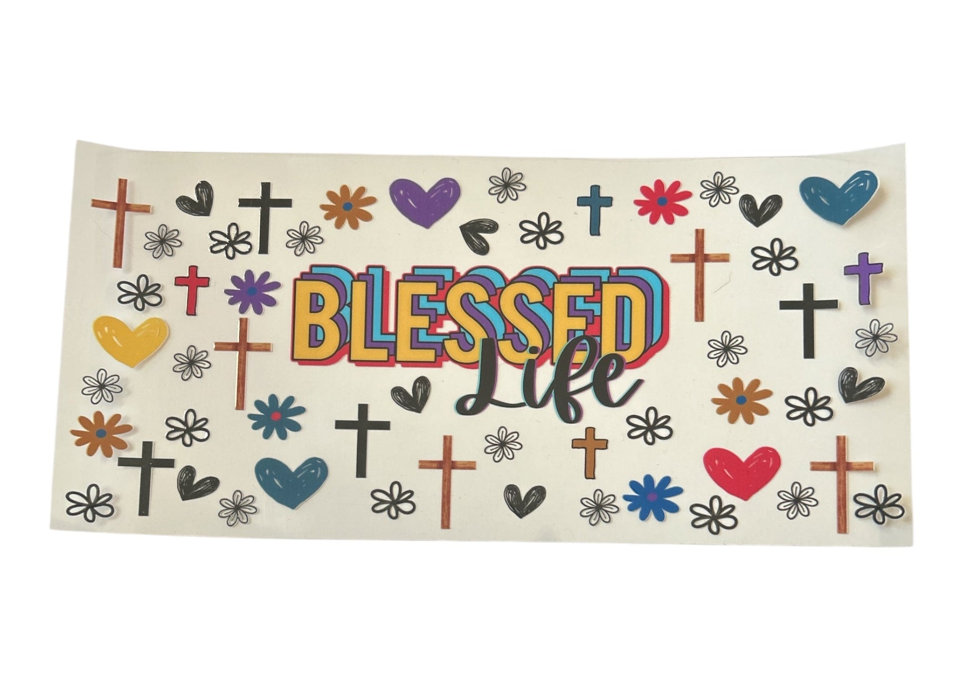 Decorative cup wrap with 'Blessed Life' text and various symbols on a white background