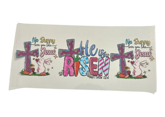 Decorative cup wrap with Easter-themed text and graphics on a white background