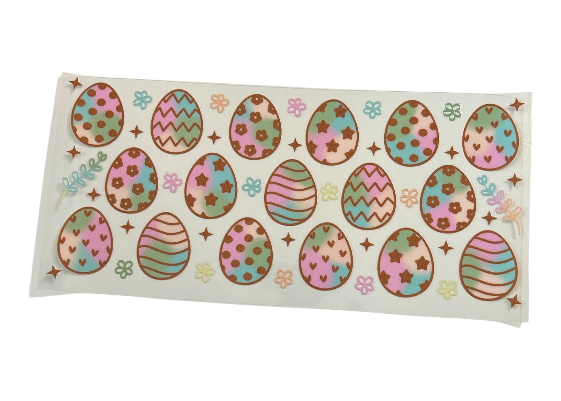 Cup wrap of Easter egg stickers with various patterns on a clear background