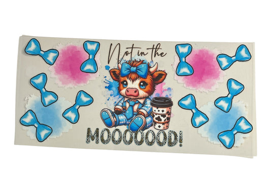 Sticker with a cow character and text 'Not in the MOOOOOOD!' on a white background