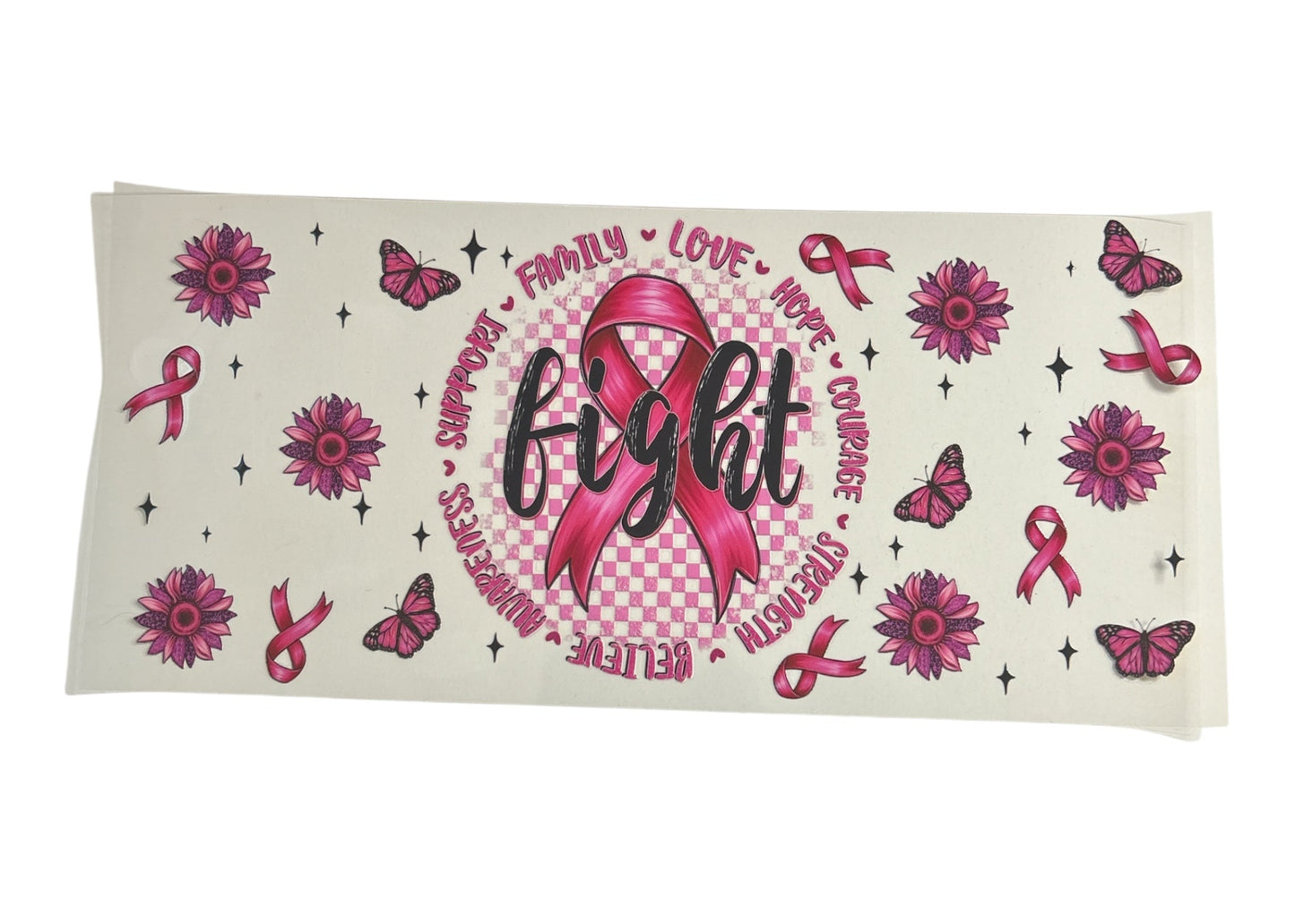 Pink ribbon and floral design with motivational text on a clear background
