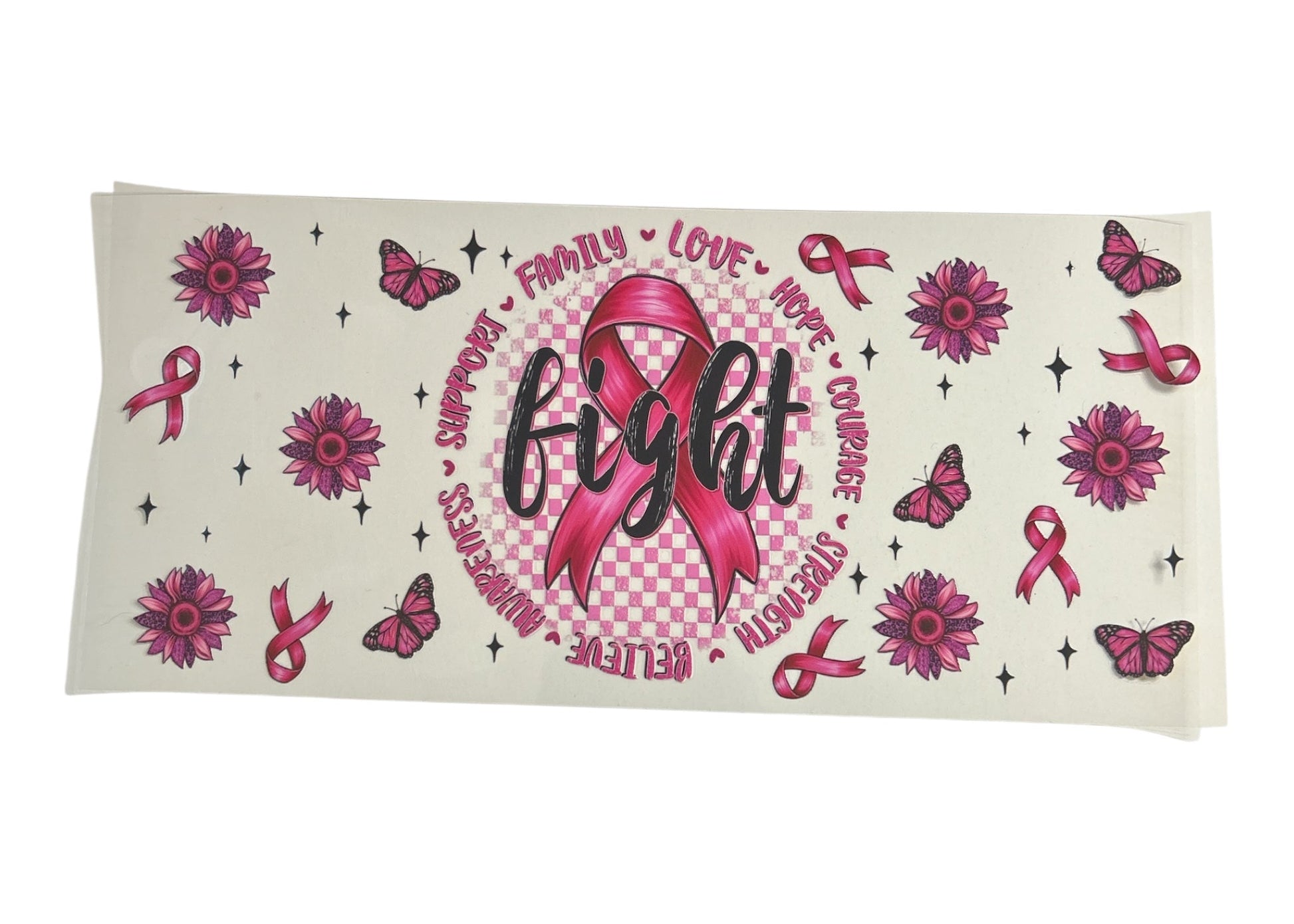 Pink ribbon and floral design with motivational text on a clear background