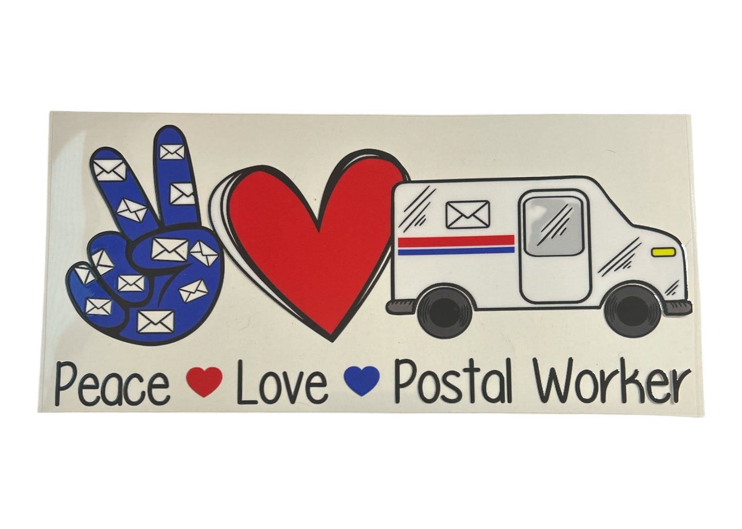 Cup wrap with peace sign, heart, and postal van with 'Peace Love Postal Worker' text on a beige background