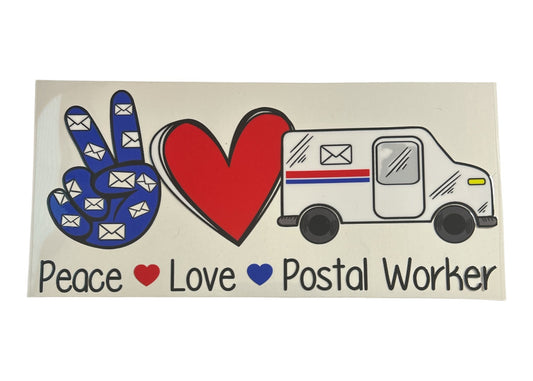 Cup wrap with peace sign, heart, and postal van with 'Peace Love Postal Worker' text on a beige background