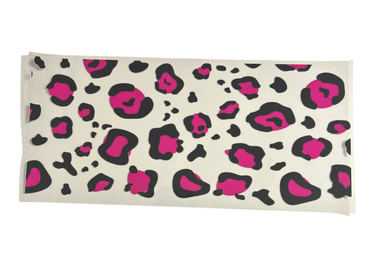 Cup wrap with pink and black leopard print on a clear background