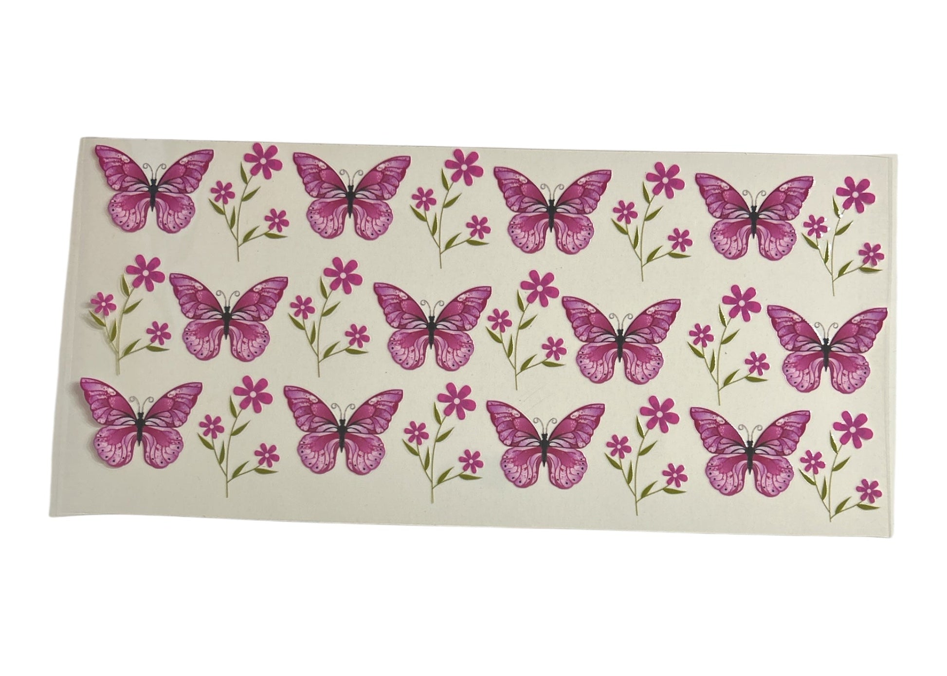 Sheet of pink butterfly and flower stickers on a white background