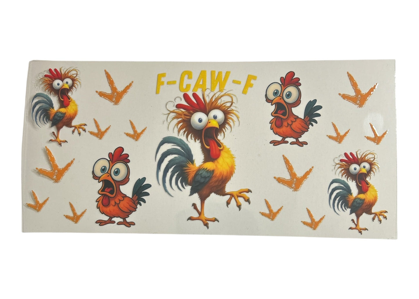 Sticker sheet with cartoon roosters and 'F-CAW-F' text on a white background