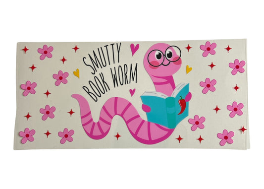 Cup wrap with a pink worm reading a book and flowers on a beige background