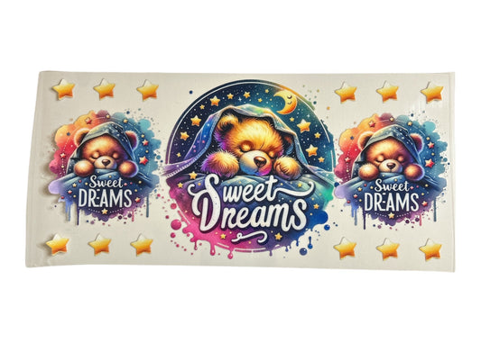 Colorful 'Sweet Dreams' bear design with stars on a white background