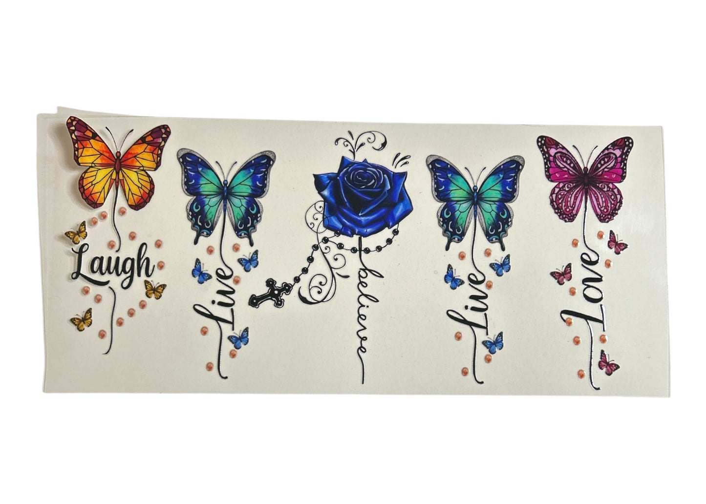 Decorative cup wrap with butterflies and motivational phrases on a clear background