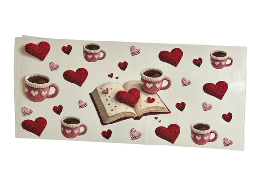 Decorative cup wrap with red hearts, coffee cups, and an open book on a white background