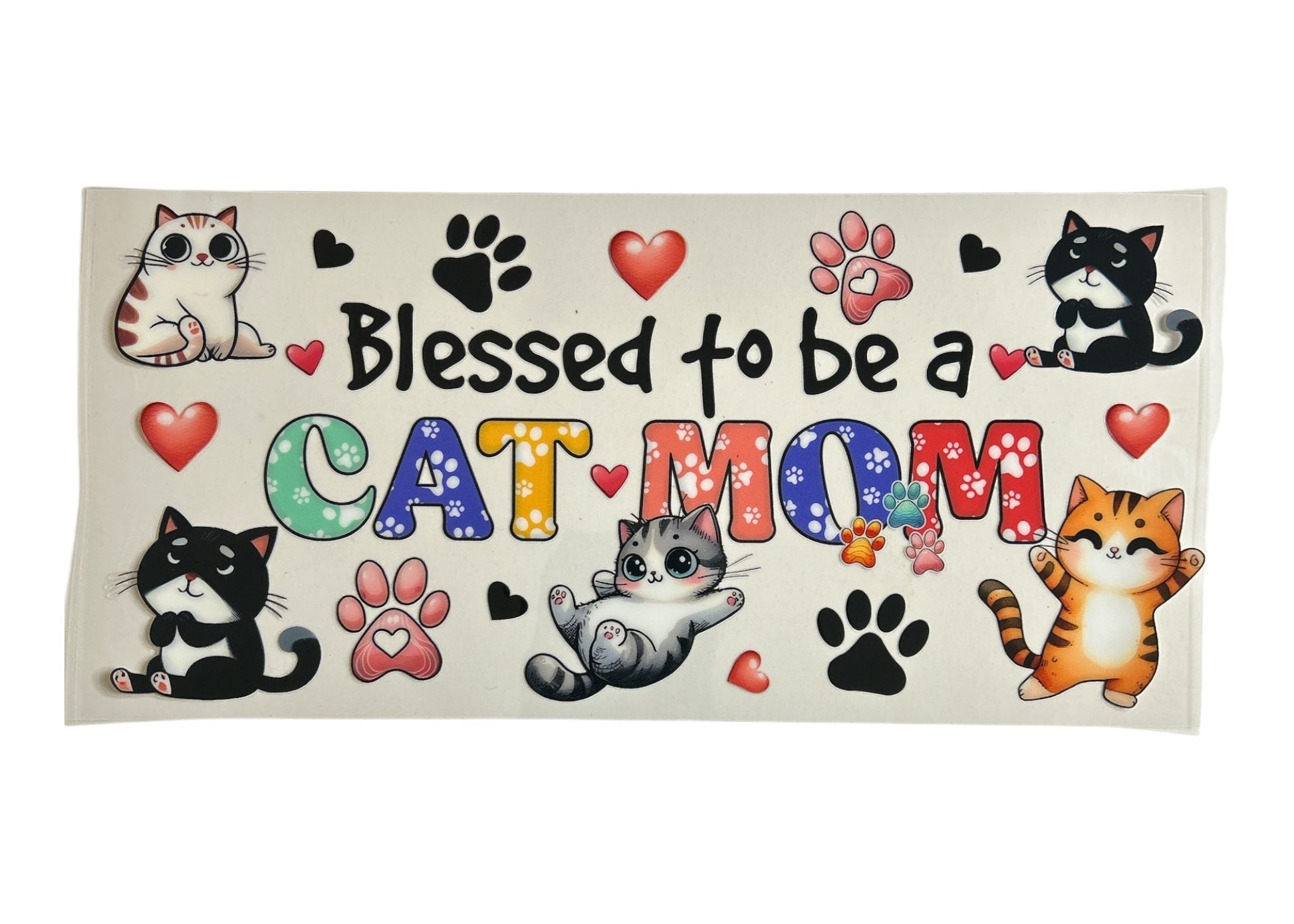 Cup wrap with colorful text 'Blessed to be a CAT MOM' and cat illustrations on a white background