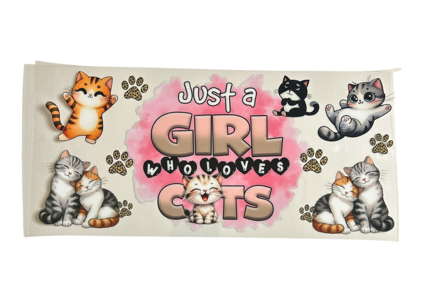 Cup wrap with cartoon cats and text 'Just a Girl Who Loves Cats' on a white background