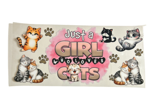 Cup wrap with cartoon cats and text 'Just a Girl Who Loves Cats' on a white background