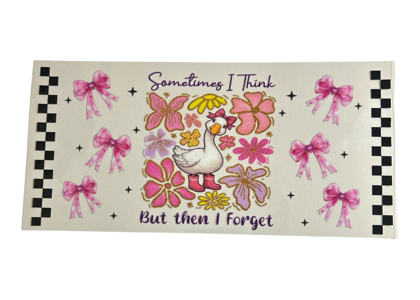 Decorative cup wrap with cartoon duck, flowers, and text on a white background