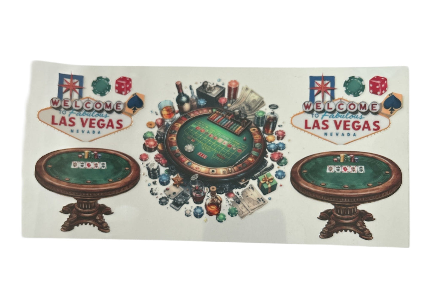 Decorative cup wrap with casino-themed design featuring roulette, cards, and Las Vegas signs.