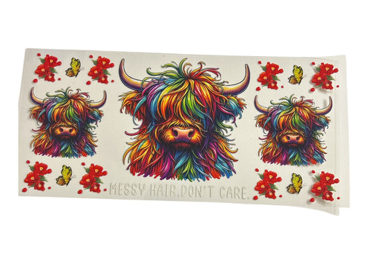 Cup wrap featuring rainbow hair highland cows and text 'messy hair don't care'