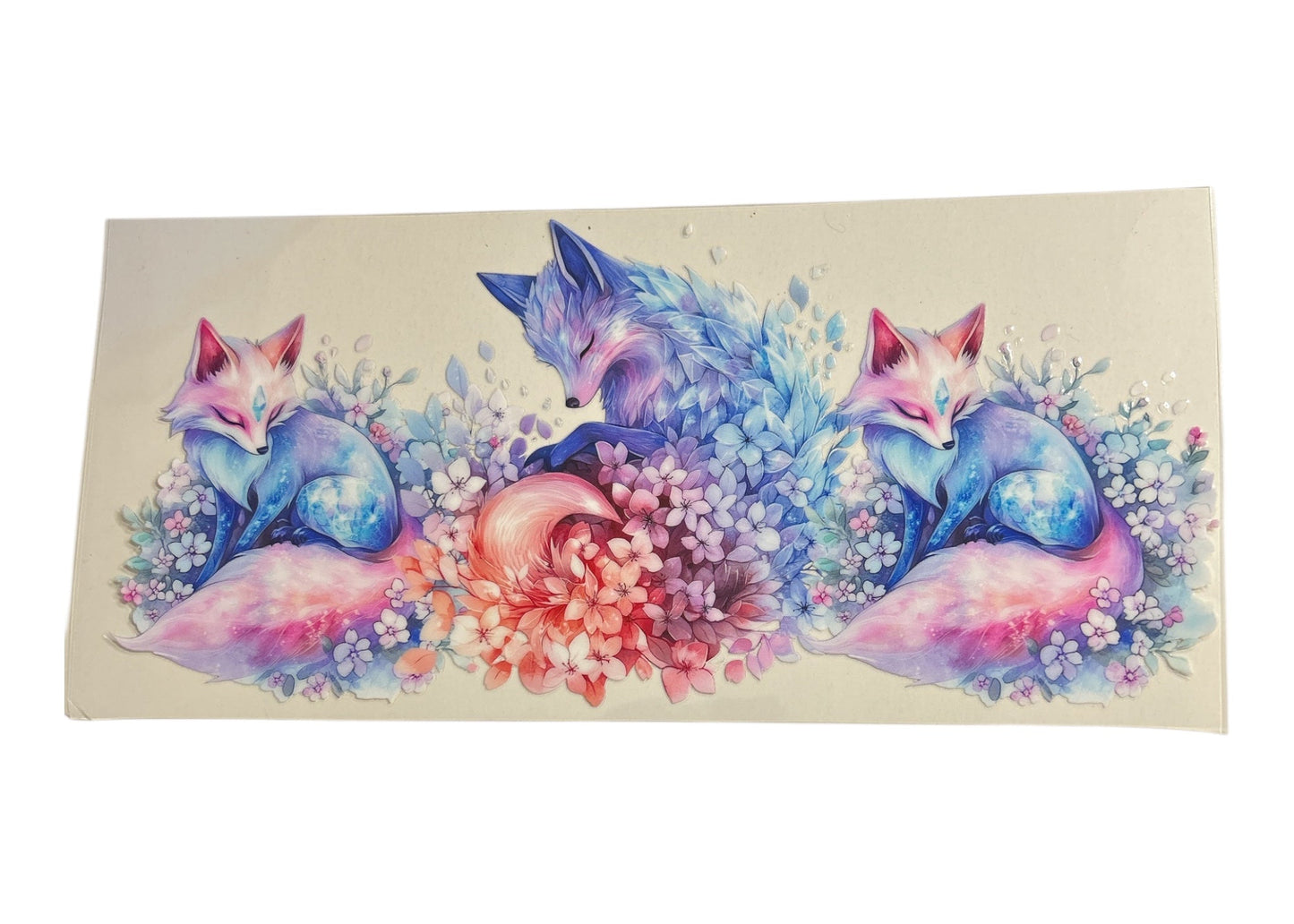 Colorful fox illustration on a cup wrap with flowers
