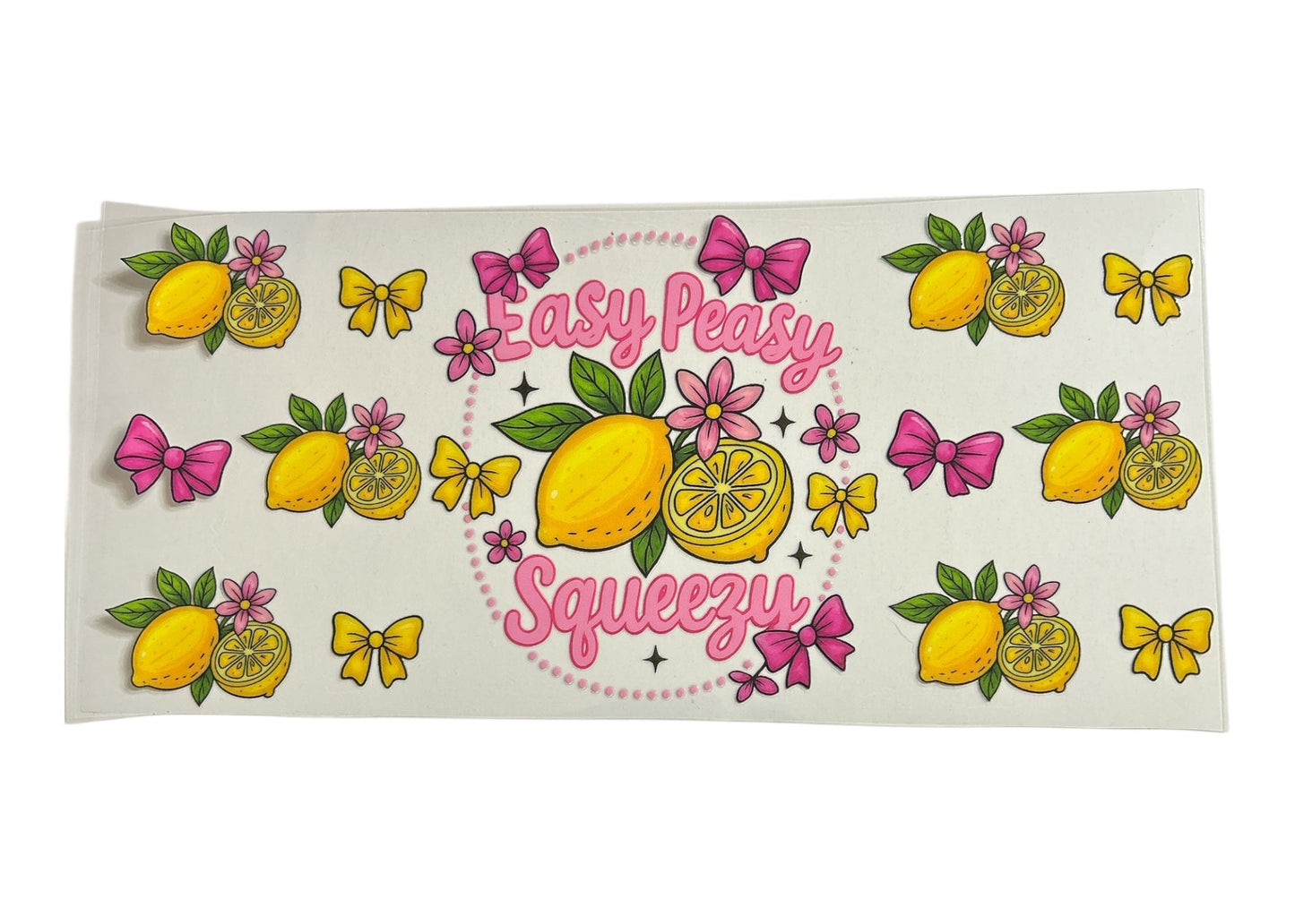 cup wrap sheet with lemons, flowers, and text 'Easy Peasy Squeeze' on a white background