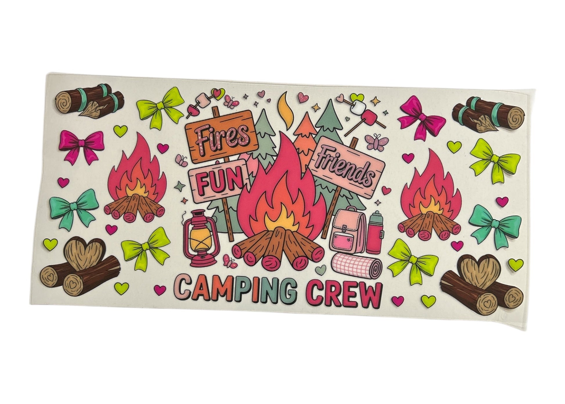 Colorful cup wrap design featuring three campfires, wooden signs that say "Fires," "Fun," and "Friends," and the text "CAMPING CREW" at the bottom. The design is decorated with neon lime, pink, and teal bows, logs, lanterns, and marshmallows.