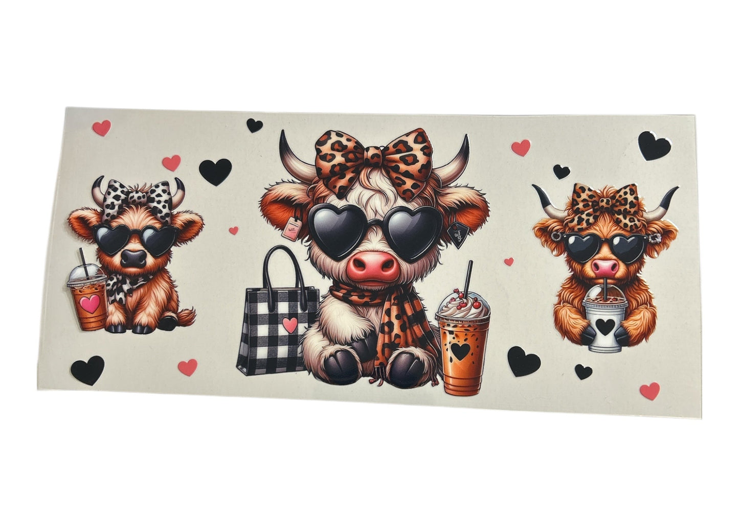 Custom cup wrap featuring three fluffy Highland cows wearing heart-shaped sunglasses and leopard-print bows. The center cow has a black and white plaid tote bag, and they are all surrounded by iced coffee drinks and heart icons.