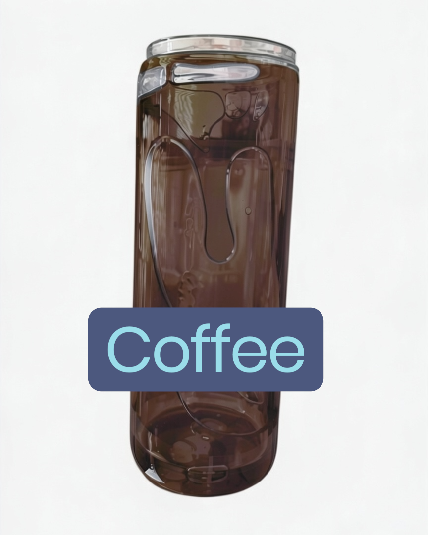 Clear glass tumbler with a dark liquid, labeled 'Coffee', on a white background