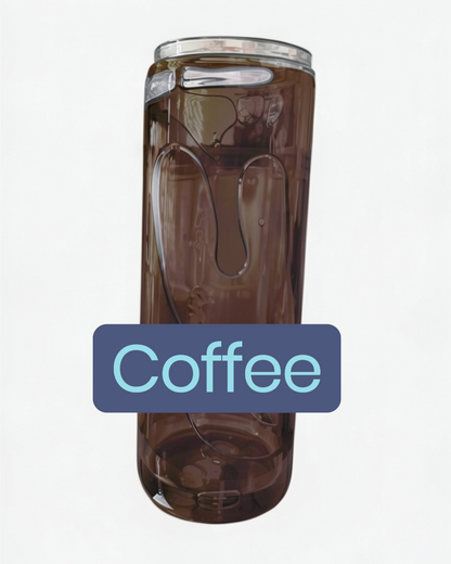 Clear glass tumbler with a dark liquid, labeled 'Coffee', on a white background