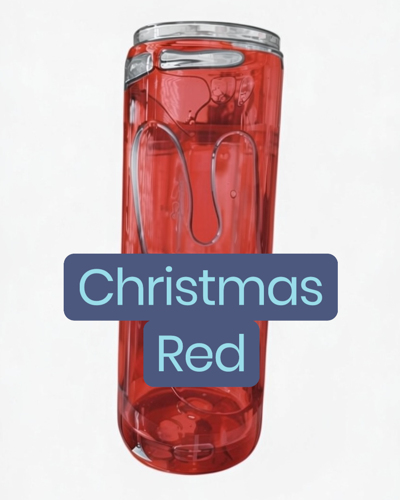 Red tumbler with 'Christmas Red' text on a white background