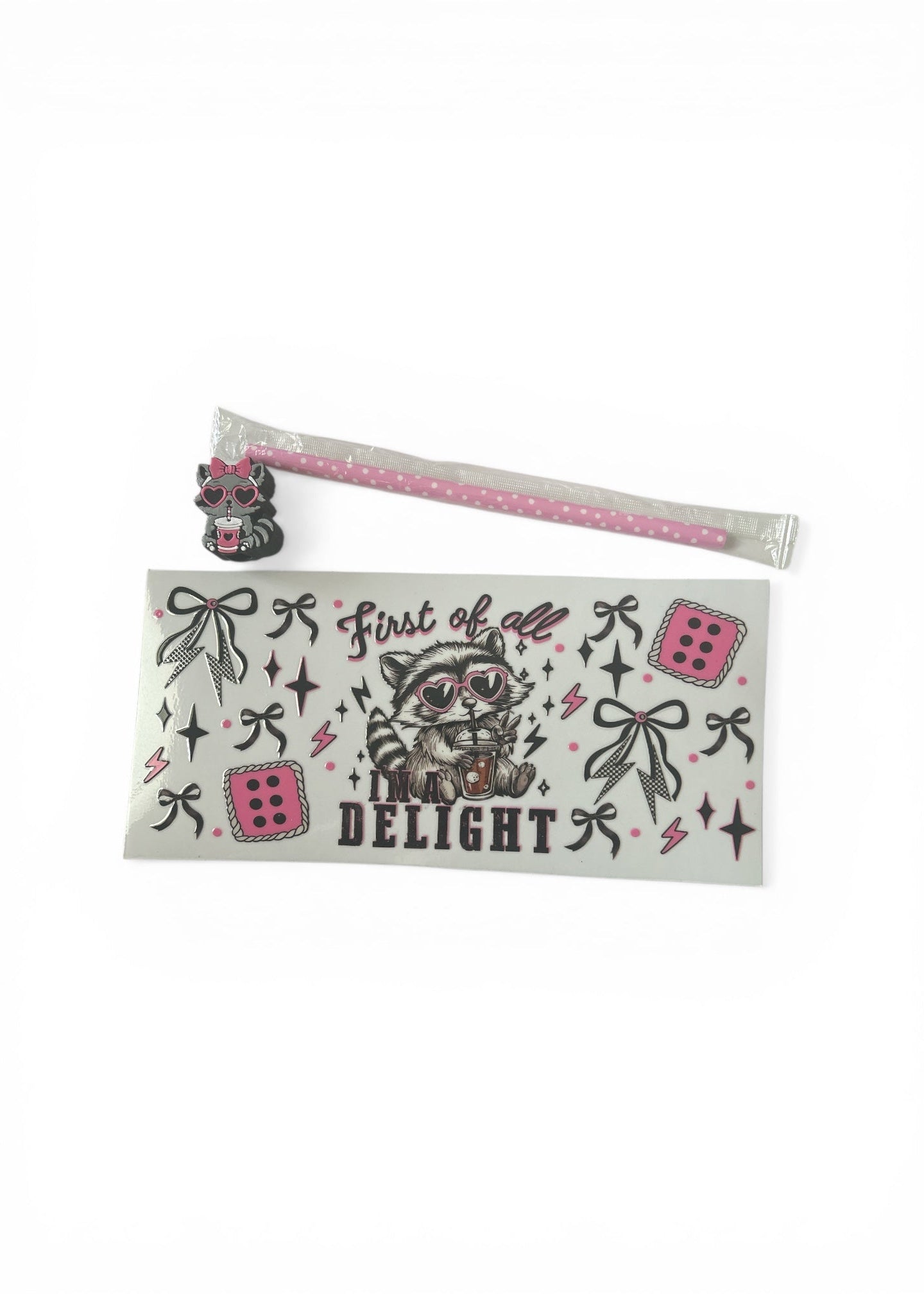 Cup wrap with raccoon design and text with tumbler, straw, and topper