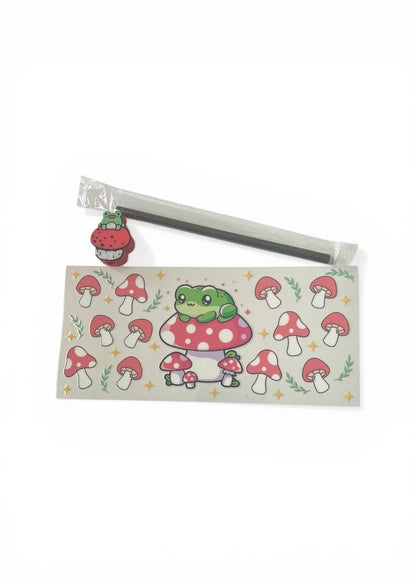 Quick Order Tumbler Kit Frog and Mushroom Cottagecore | Pale Green Dry Glitter Fill + 16oz Tumbler + Wrap + Straw + Topper