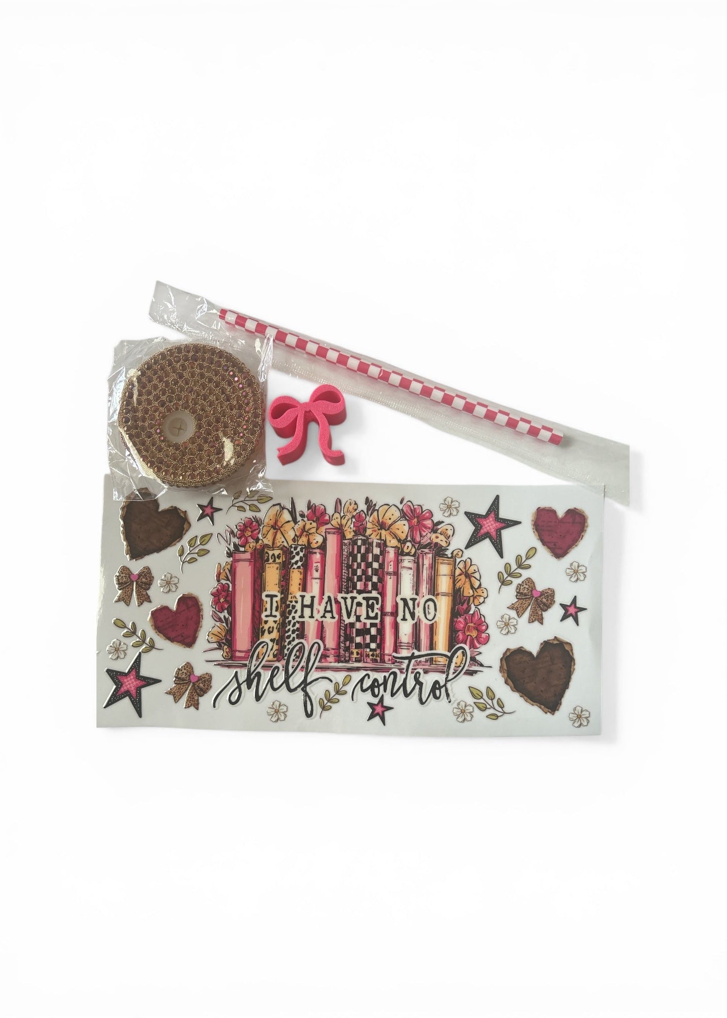Quick Order Tumbler Kit "I Have No Shelf Control" Book Lover | Gold & White Iridescent Dry Glitter Fill + 16oz Tumbler + Wrap + Straw + Bejeweled Lid + Topper