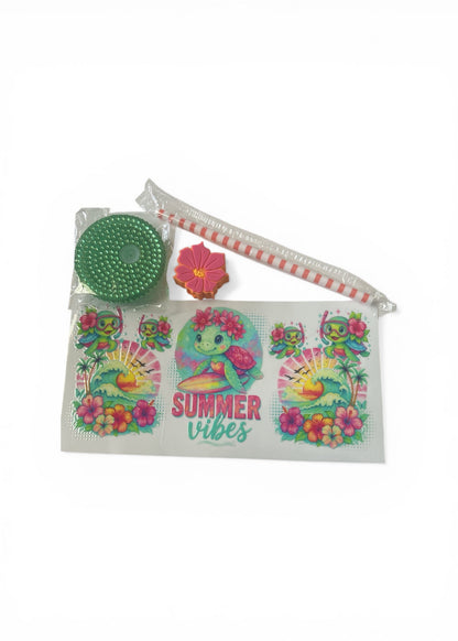 Quick Order Tumbler Kit "Summer Vibes" Sea Turtle Beach | Beach Fill + 16oz Tumbler + Wrap + Straw + Bejeweled Lid + Topper