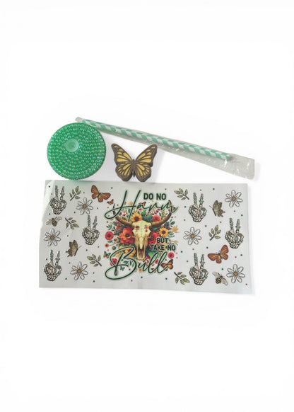 Quick Order Tumbler Kit "Do No Harm But Take No Bull" Western Boho | Glow in the Dark Opalescent Dry Glitter Fill + 16oz Tumbler + Wrap + Straw + Bejeweled Lid + Topper